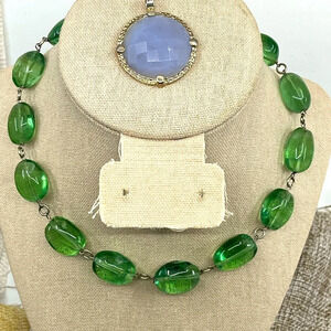 Vintage Signed Gerard Yosca Green Stone Necklace & Blue Chalcedony Pendant